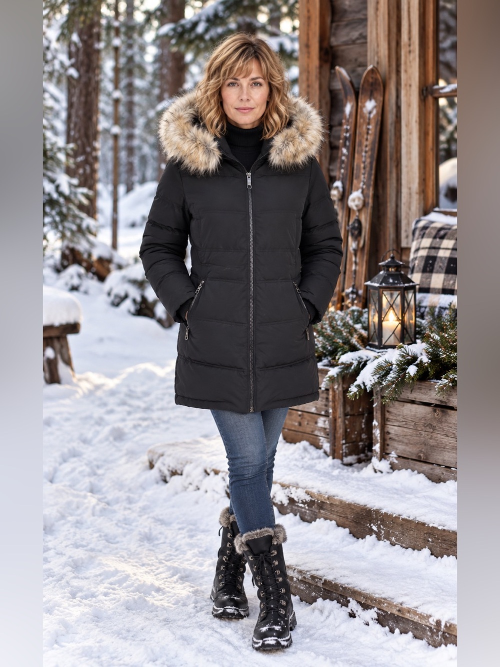 Nautica Ladies Black Faux Fur Trim Removable Hood Puffer Jacket Small NWT